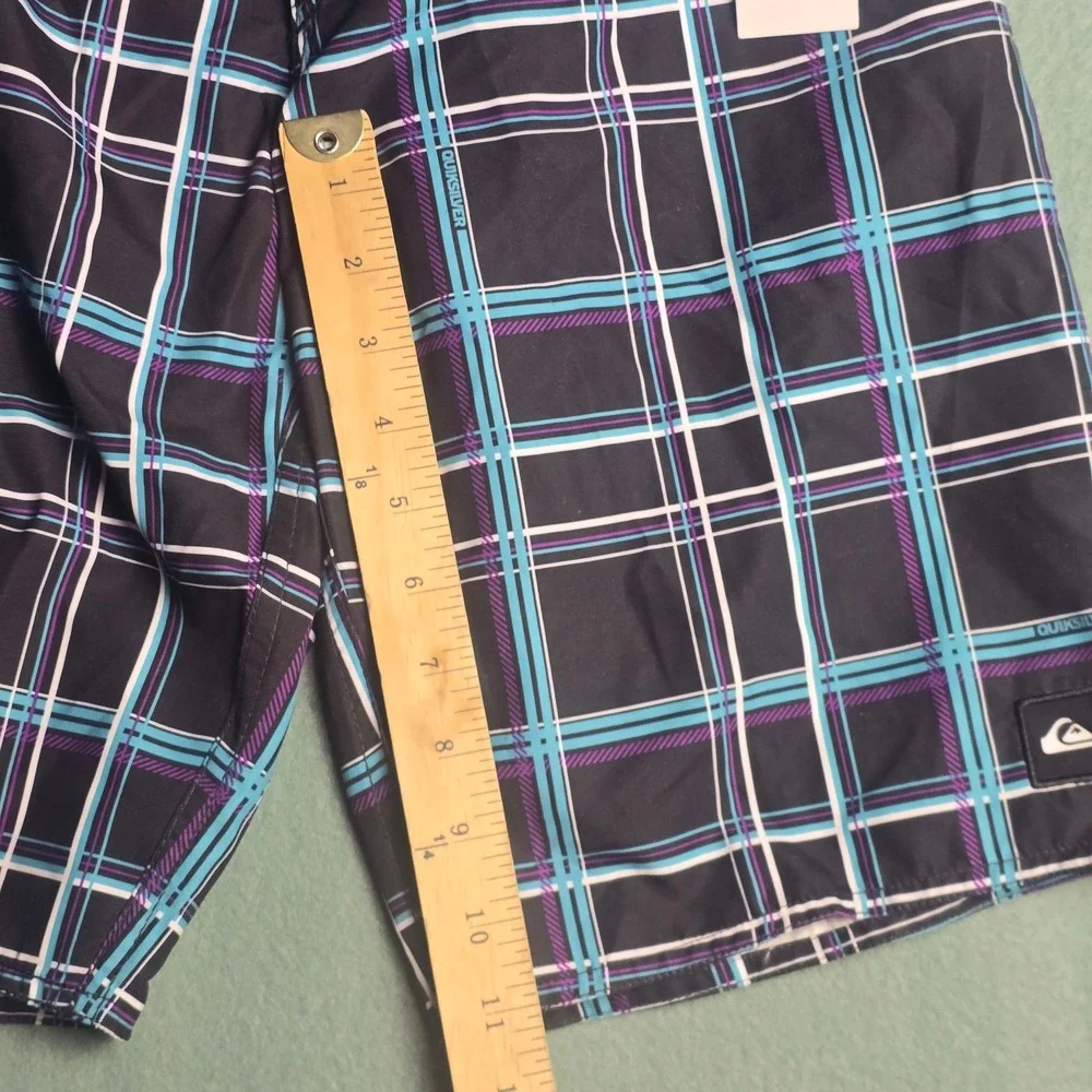 Quiksilver‎ Boys Plaid Board Shorts Black Teal Purple Swim Trunks Size 10 NEW